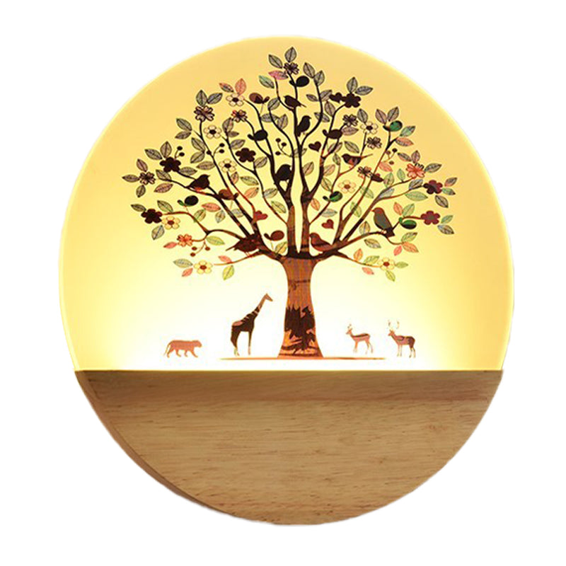 Nordic LED Wall Light Wood Tree and Animal/Flowering Tree Print Mural Light Fixture with Acrylic Shade Clearhalo 'Modern wall lights' 'Modern' 'Wall Lamps & Sconces' 'Wall Lights' Lighting' 1126290