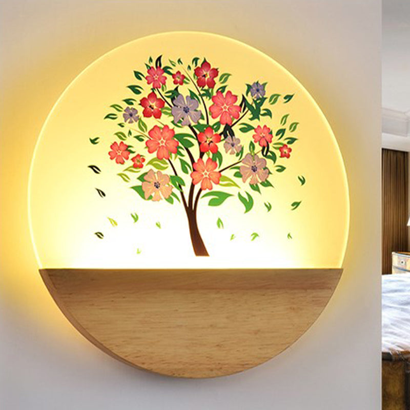 Nordic LED Wall Light Wood Tree and Animal/Flowering Tree Print Mural Light Fixture with Acrylic Shade Wood A Clearhalo 'Modern wall lights' 'Modern' 'Wall Lamps & Sconces' 'Wall Lights' Lighting' 1126292