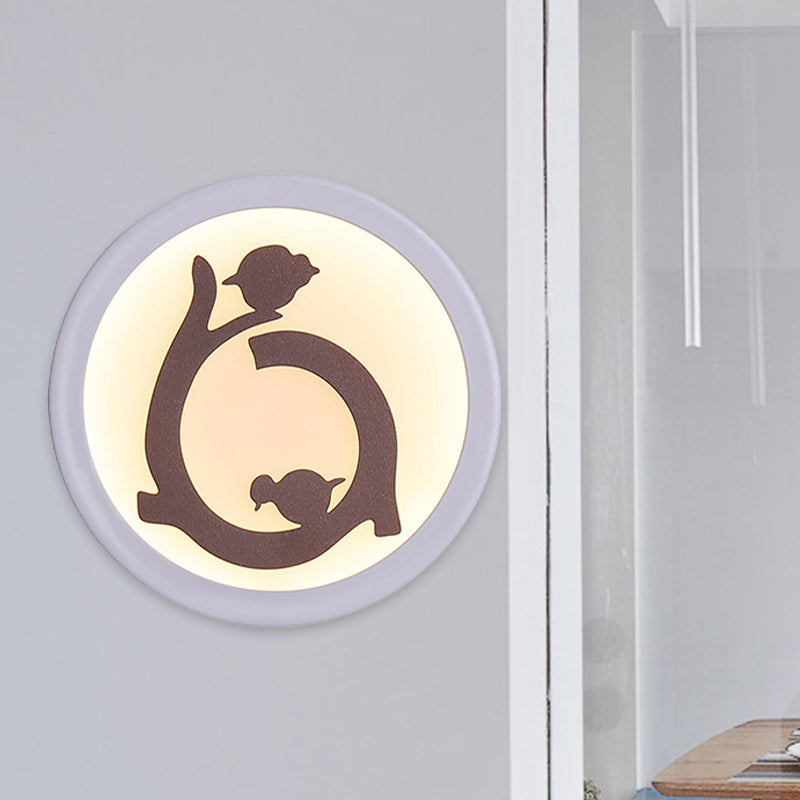 Round Acrylic Flush Wall Sconce Nordic White LED Mural Lamp with Bird Silhouette Clearhalo 'Cast Iron' 'Glass' 'Industrial' 'Modern wall lights' 'Modern' 'Tiffany' 'Traditional wall lights' 'Wall Lamps & Sconces' 'Wall Lights' Lighting' 1126319