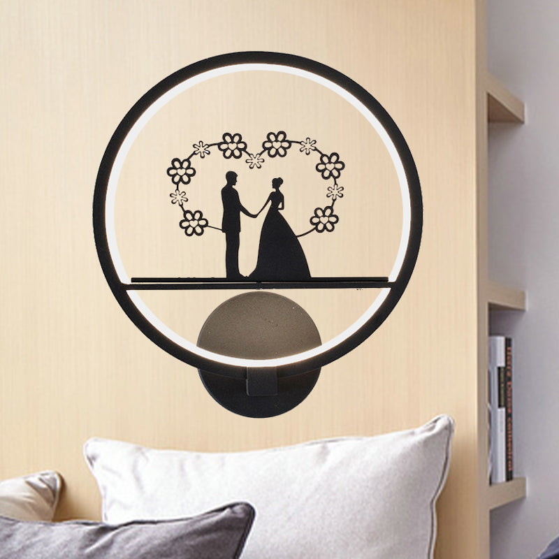 Lover Patterned Circular Wall Sconce Contemporary Iron Bedside LED Mural Lighting in Black Clearhalo 'Cast Iron' 'Glass' 'Industrial' 'Modern wall lights' 'Modern' 'Tiffany' 'Traditional wall lights' 'Wall Lamps & Sconces' 'Wall Lights' Lighting' 1126413