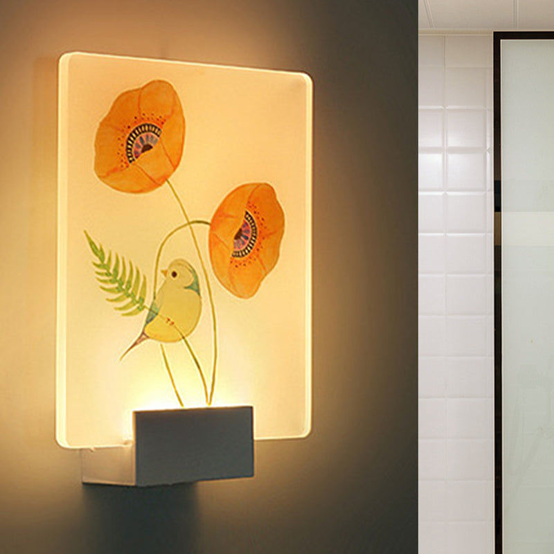 Corner LED Mural Lighting Modern White Wall Mounted Lamp with Flower/Bird Patterned Acrylic Shade Clearhalo 'Cast Iron' 'Glass' 'Industrial' 'Modern wall lights' 'Modern' 'Tiffany' 'Traditional wall lights' 'Wall Lamps & Sconces' 'Wall Lights' Lighting' 1126430