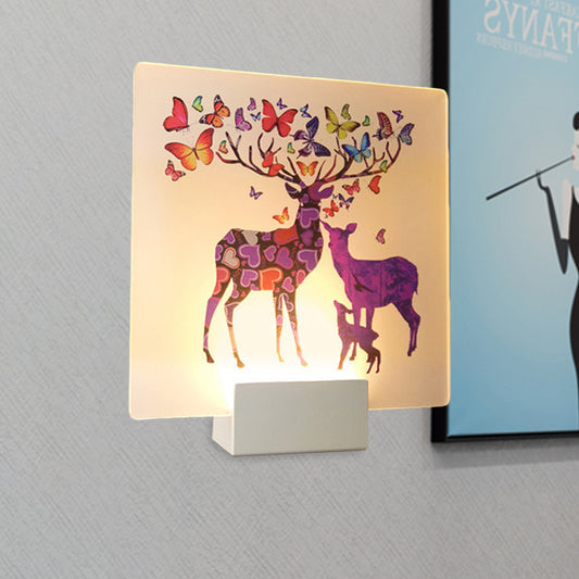 Round/Square Acrylic LED Wall Sconce Nordic White and Pink/Purple Deer Mural Lighting Fixture for Bedside White-Purple Clearhalo 'Modern wall lights' 'Modern' 'Wall Lamps & Sconces' 'Wall Lights' Lighting' 1126472