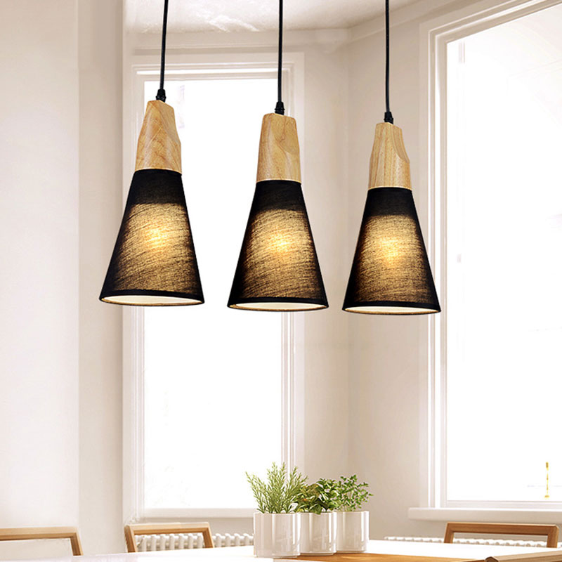 3 Lights Cone Hanging Ceiling Light Contemporary White/Black Fabric and Wood Pendant Lamp over Table Black Clearhalo 'Ceiling Lights' 'Modern Pendants' 'Modern' 'Pendant Lights' 'Pendants' Lighting' 1126624