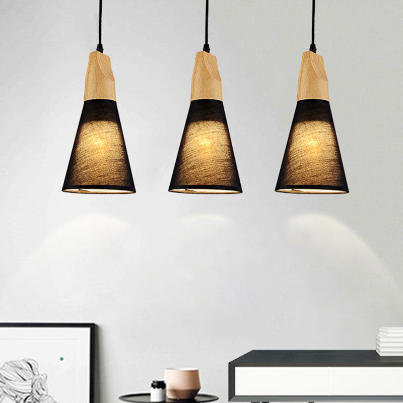 3 Lights Cone Hanging Ceiling Light Contemporary White/Black Fabric and Wood Pendant Lamp over Table Clearhalo 'Ceiling Lights' 'Modern Pendants' 'Modern' 'Pendant Lights' 'Pendants' Lighting' 1126625