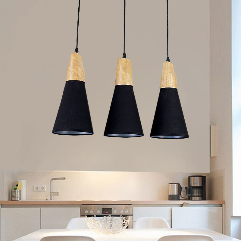 3 Lights Cone Hanging Ceiling Light Contemporary White/Black Fabric and Wood Pendant Lamp over Table Clearhalo 'Ceiling Lights' 'Modern Pendants' 'Modern' 'Pendant Lights' 'Pendants' Lighting' 1126626