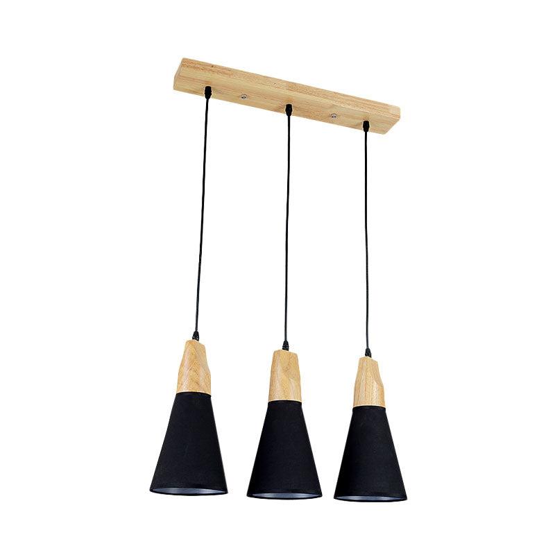 3 Lights Cone Hanging Ceiling Light Contemporary White/Black Fabric and Wood Pendant Lamp over Table Clearhalo 'Ceiling Lights' 'Modern Pendants' 'Modern' 'Pendant Lights' 'Pendants' Lighting' 1126627