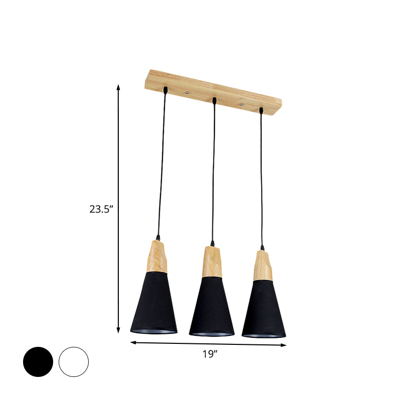 3 Lights Cone Hanging Ceiling Light Contemporary White/Black Fabric and Wood Pendant Lamp over Table Clearhalo 'Ceiling Lights' 'Modern Pendants' 'Modern' 'Pendant Lights' 'Pendants' Lighting' 1126628