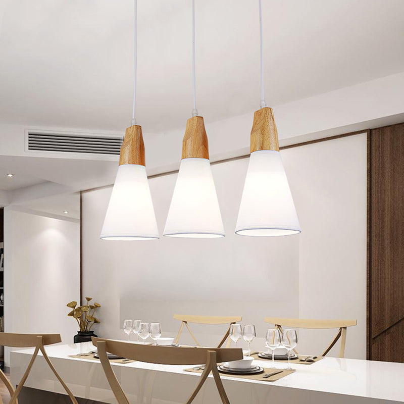 3 Lights Cone Hanging Ceiling Light Contemporary White/Black Fabric and Wood Pendant Lamp over Table White Clearhalo 'Ceiling Lights' 'Modern Pendants' 'Modern' 'Pendant Lights' 'Pendants' Lighting' 1126629