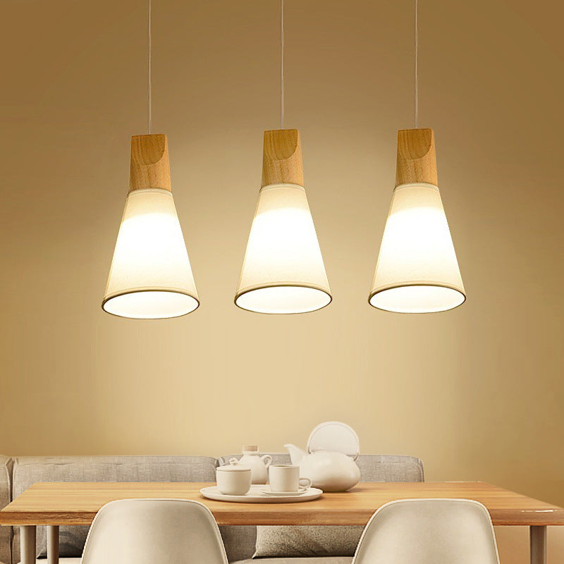 3 Lights Cone Hanging Ceiling Light Contemporary White/Black Fabric and Wood Pendant Lamp over Table Clearhalo 'Ceiling Lights' 'Modern Pendants' 'Modern' 'Pendant Lights' 'Pendants' Lighting' 1126630