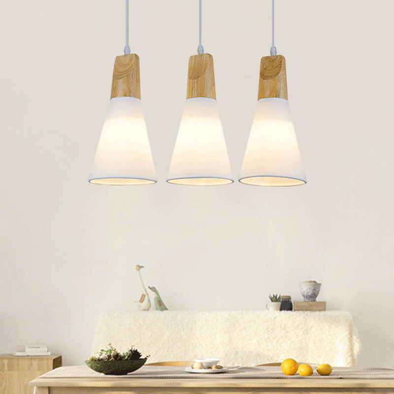 3 Lights Cone Hanging Ceiling Light Contemporary White/Black Fabric and Wood Pendant Lamp over Table Clearhalo 'Ceiling Lights' 'Modern Pendants' 'Modern' 'Pendant Lights' 'Pendants' Lighting' 1126631