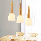 Frosted Glass Bucket Hanging Lamp with Wood Cap Modern 3 Lights Dining Room Pendant Lighting in White White Clearhalo 'Ceiling Lights' 'Close To Ceiling Lights' 'Glass shade' 'Glass' 'Modern Pendants' 'Modern' 'Pendant Lights' 'Pendants' Lighting' 1126633