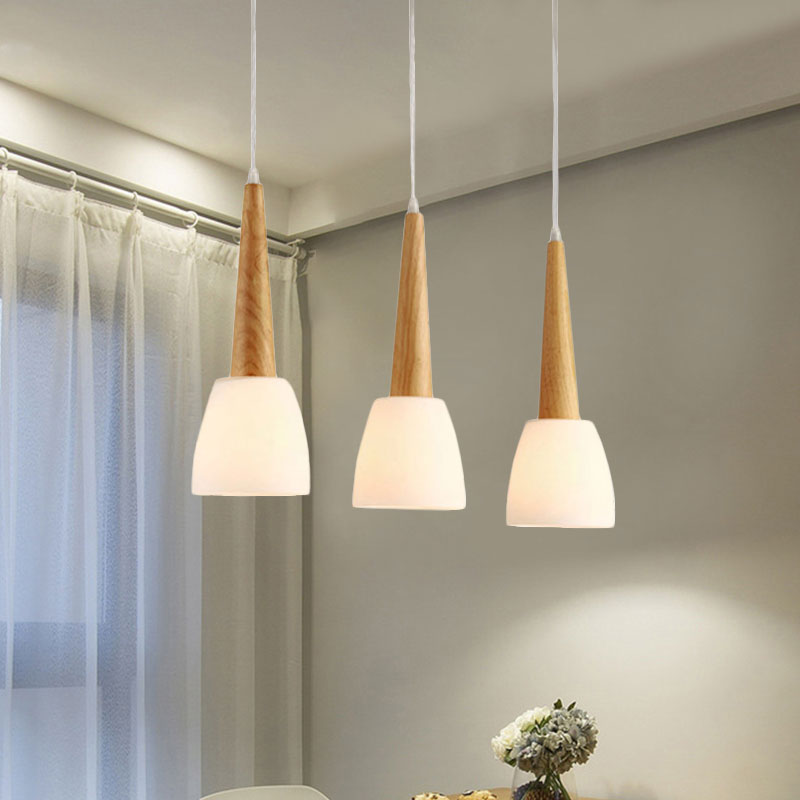 Frosted Glass Bucket Hanging Lamp with Wood Cap Modern 3 Lights Dining Room Pendant Lighting in White Clearhalo 'Ceiling Lights' 'Close To Ceiling Lights' 'Glass shade' 'Glass' 'Modern Pendants' 'Modern' 'Pendant Lights' 'Pendants' Lighting' 1126634