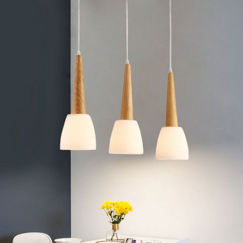 Frosted Glass Bucket Hanging Lamp with Wood Cap Modern 3 Lights Dining Room Pendant Lighting in White Clearhalo 'Ceiling Lights' 'Close To Ceiling Lights' 'Glass shade' 'Glass' 'Modern Pendants' 'Modern' 'Pendant Lights' 'Pendants' Lighting' 1126635