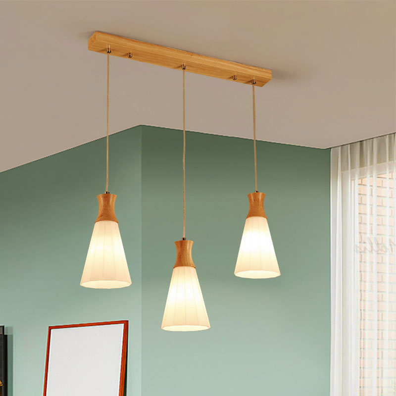 3 Lights Conic Pendant Lamp Nordic Style White Ribbed Glass and Wood Hanging Fixture with Linear/Round Canopy Clearhalo 'Ceiling Lights' 'Modern Pendants' 'Modern' 'Pendant Lights' 'Pendants' Lighting' 1126648