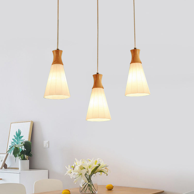 3 Lights Conic Pendant Lamp Nordic Style White Ribbed Glass and Wood Hanging Fixture with Linear/Round Canopy Clearhalo 'Ceiling Lights' 'Modern Pendants' 'Modern' 'Pendant Lights' 'Pendants' Lighting' 1126649