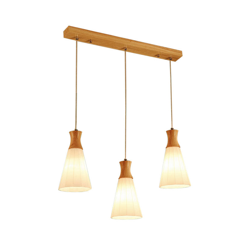 3 Lights Conic Pendant Lamp Nordic Style White Ribbed Glass and Wood Hanging Fixture with Linear/Round Canopy Clearhalo 'Ceiling Lights' 'Modern Pendants' 'Modern' 'Pendant Lights' 'Pendants' Lighting' 1126650