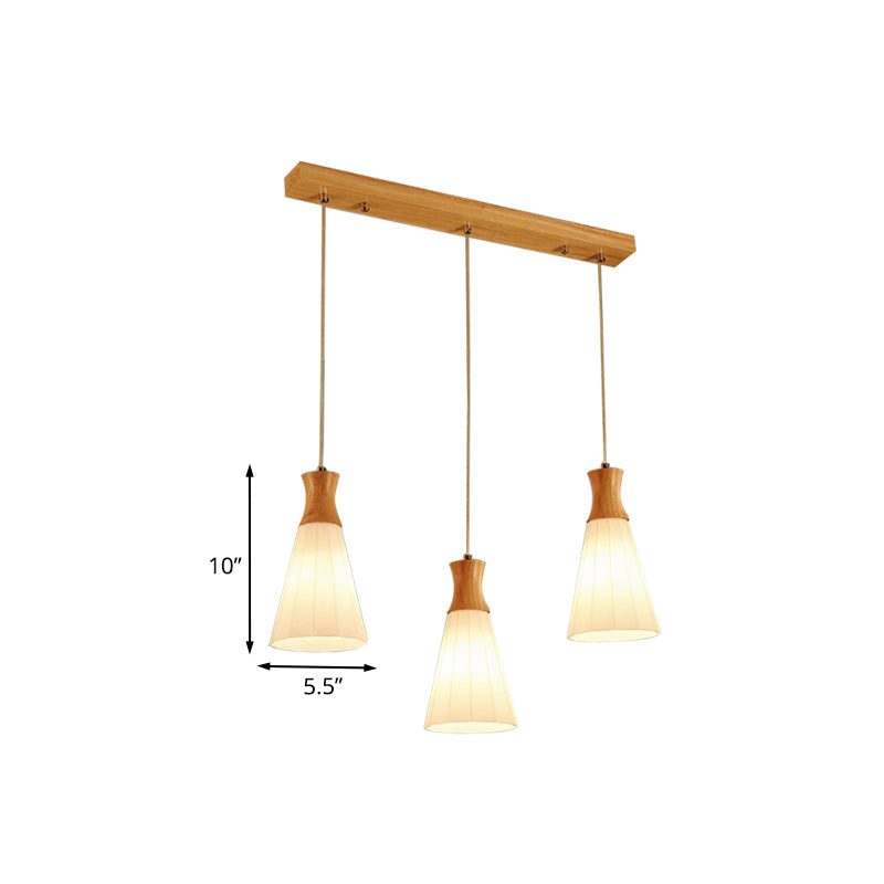 3 Lights Conic Pendant Lamp Nordic Style White Ribbed Glass and Wood Hanging Fixture with Linear/Round Canopy Clearhalo 'Ceiling Lights' 'Modern Pendants' 'Modern' 'Pendant Lights' 'Pendants' Lighting' 1126651