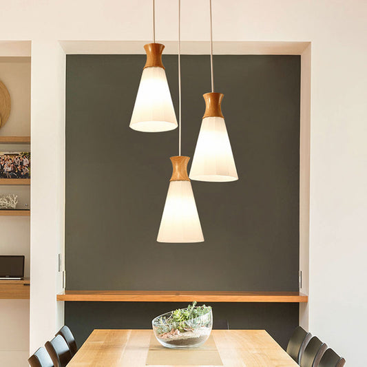 3 Lights Conic Pendant Lamp Nordic Style White Ribbed Glass and Wood Hanging Fixture with Linear/Round Canopy White Round Clearhalo 'Ceiling Lights' 'Modern Pendants' 'Modern' 'Pendant Lights' 'Pendants' Lighting' 1126652