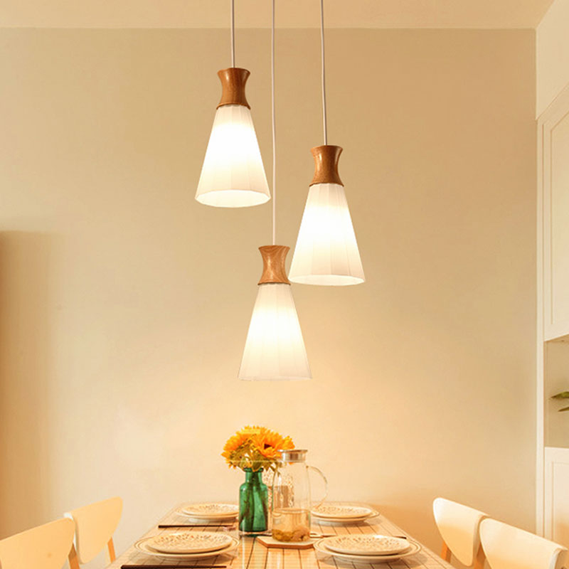 3 Lights Conic Pendant Lamp Nordic Style White Ribbed Glass and Wood Hanging Fixture with Linear/Round Canopy Clearhalo 'Ceiling Lights' 'Modern Pendants' 'Modern' 'Pendant Lights' 'Pendants' Lighting' 1126653