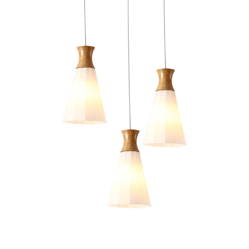 3 Lights Conic Pendant Lamp Nordic Style White Ribbed Glass and Wood Hanging Fixture with Linear/Round Canopy Clearhalo 'Ceiling Lights' 'Modern Pendants' 'Modern' 'Pendant Lights' 'Pendants' Lighting' 1126654