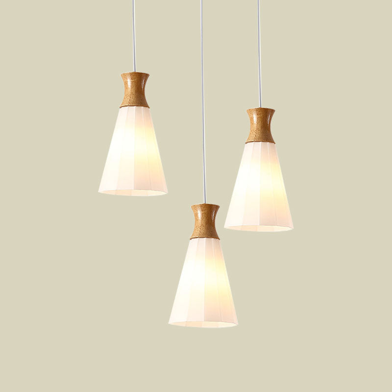 3 Lights Conic Pendant Lamp Nordic Style White Ribbed Glass and Wood Hanging Fixture with Linear/Round Canopy Clearhalo 'Ceiling Lights' 'Modern Pendants' 'Modern' 'Pendant Lights' 'Pendants' Lighting' 1126655