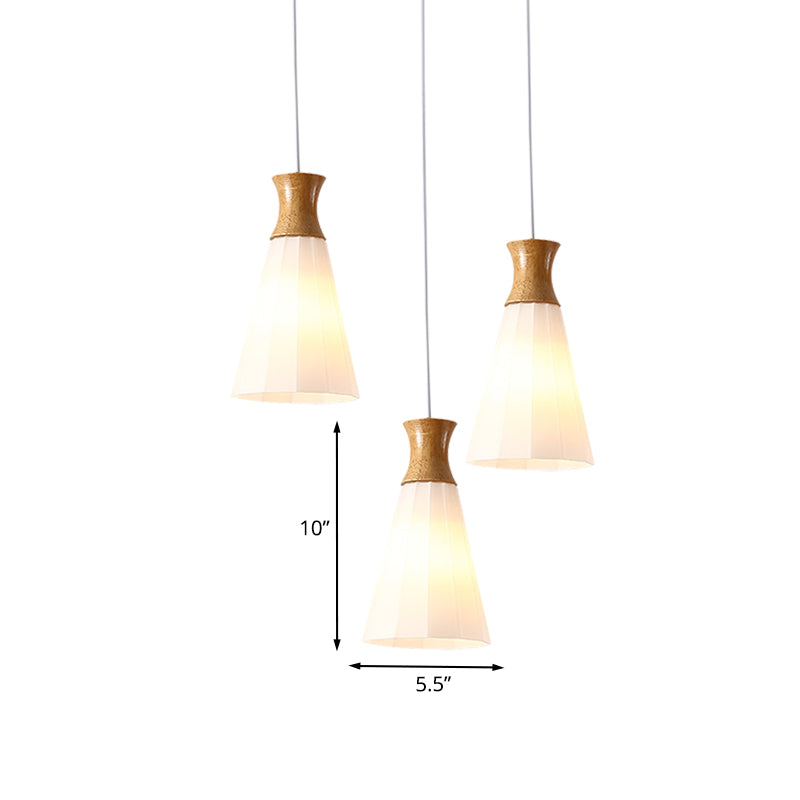 3 Lights Conic Pendant Lamp Nordic Style White Ribbed Glass and Wood Hanging Fixture with Linear/Round Canopy Clearhalo 'Ceiling Lights' 'Modern Pendants' 'Modern' 'Pendant Lights' 'Pendants' Lighting' 1126656