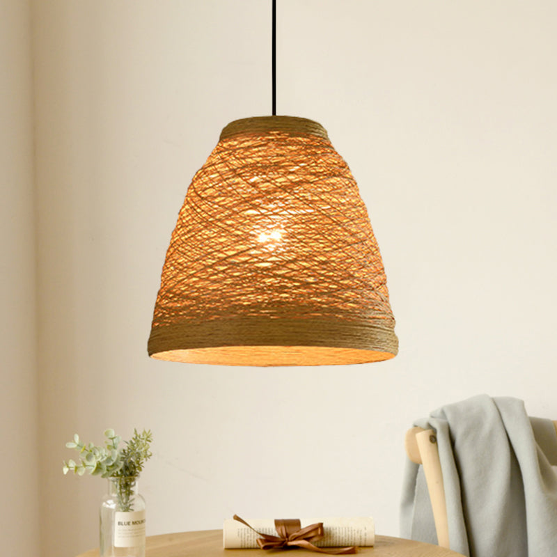 Weave Tapered Pendant Lamp Lodge Style 1 Light Dining Table Hanging Light Fixture in Orange/Brown Flaxen Clearhalo 'Ceiling Lights' 'Modern Pendants' 'Modern' 'Pendant Lights' 'Pendants' Lighting' 1126792