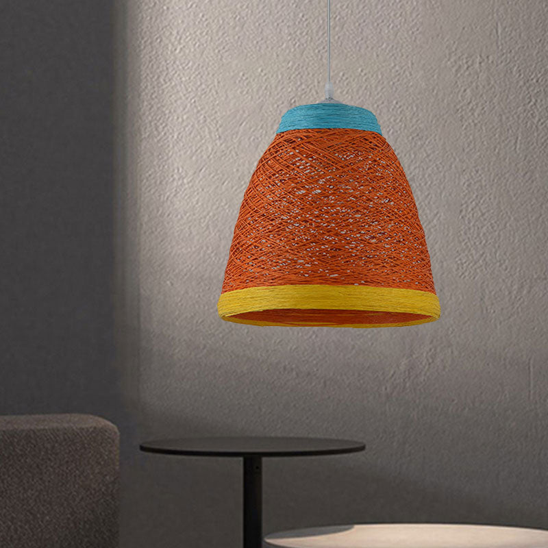 Weave Tapered Pendant Lamp Lodge Style 1 Light Dining Table Hanging Light Fixture in Orange/Brown Yellow-Blue Clearhalo 'Ceiling Lights' 'Modern Pendants' 'Modern' 'Pendant Lights' 'Pendants' Lighting' 1126805