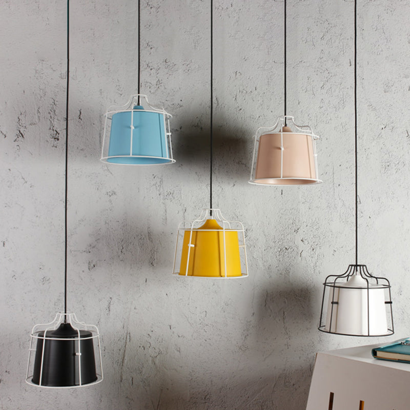 1 Light Tapered Hanging Ceiling Light with Cage Shade Modern Style Black/Blue Metal Pendant Lighting over Table Black Clearhalo 'Ceiling Lights' 'Modern Pendants' 'Modern' 'Pendant Lights' 'Pendants' Lighting' 1127101