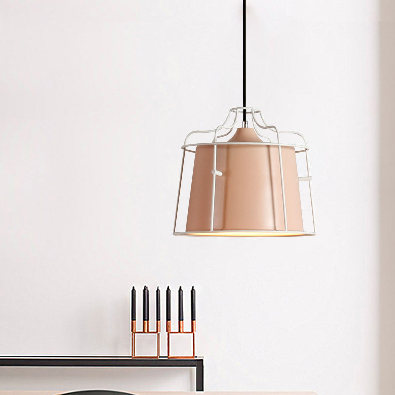 1 Light Tapered Hanging Ceiling Light with Cage Shade Modern Style Black/Blue Metal Pendant Lighting over Table Pink Clearhalo 'Ceiling Lights' 'Modern Pendants' 'Modern' 'Pendant Lights' 'Pendants' Lighting' 1127110