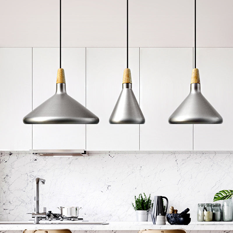 7"/11"/15" Wide Conic Kitchen Hanging Ceiling Light Retro Stylish Metal and Wood 1 Light Silver/Rose Gold Pendant Lighting Silver 15" Clearhalo 'Ceiling Lights' 'Modern Pendants' 'Modern' 'Pendant Lights' 'Pendants' Lighting' 1127148