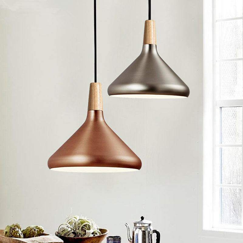 7"/11"/15" Wide Conic Kitchen Hanging Ceiling Light Retro Stylish Metal and Wood 1 Light Silver/Rose Gold Pendant Lighting Clearhalo 'Ceiling Lights' 'Modern Pendants' 'Modern' 'Pendant Lights' 'Pendants' Lighting' 1127153