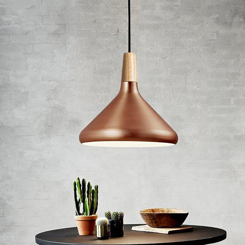 7"/11"/15" Wide Conic Kitchen Hanging Ceiling Light Retro Stylish Metal and Wood 1 Light Silver/Rose Gold Pendant Lighting Clearhalo 'Ceiling Lights' 'Modern Pendants' 'Modern' 'Pendant Lights' 'Pendants' Lighting' 1127154