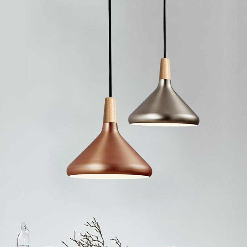 7"/11"/15" Wide Conic Kitchen Hanging Ceiling Light Retro Stylish Metal and Wood 1 Light Silver/Rose Gold Pendant Lighting Silver 11" Clearhalo 'Ceiling Lights' 'Modern Pendants' 'Modern' 'Pendant Lights' 'Pendants' Lighting' 1127157