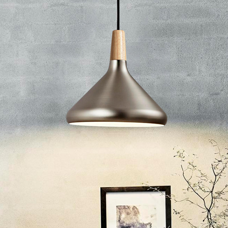 7"/11"/15" Wide Conic Kitchen Hanging Ceiling Light Retro Stylish Metal and Wood 1 Light Silver/Rose Gold Pendant Lighting Clearhalo 'Ceiling Lights' 'Modern Pendants' 'Modern' 'Pendant Lights' 'Pendants' Lighting' 1127158