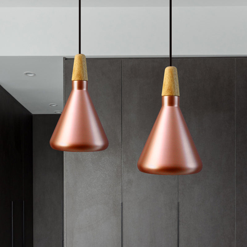 7"/11"/15" Wide Conic Kitchen Hanging Ceiling Light Retro Stylish Metal and Wood 1 Light Silver/Rose Gold Pendant Lighting Rose Gold 7" Clearhalo 'Ceiling Lights' 'Modern Pendants' 'Modern' 'Pendant Lights' 'Pendants' Lighting' 1127161