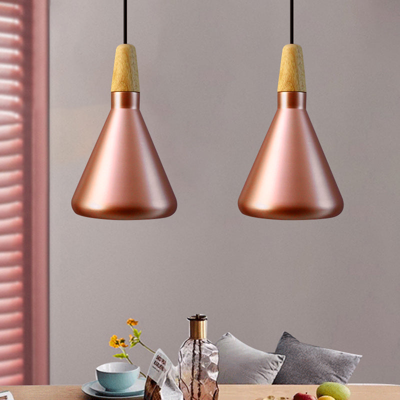 7"/11"/15" Wide Conic Kitchen Hanging Ceiling Light Retro Stylish Metal and Wood 1 Light Silver/Rose Gold Pendant Lighting Clearhalo 'Ceiling Lights' 'Modern Pendants' 'Modern' 'Pendant Lights' 'Pendants' Lighting' 1127162