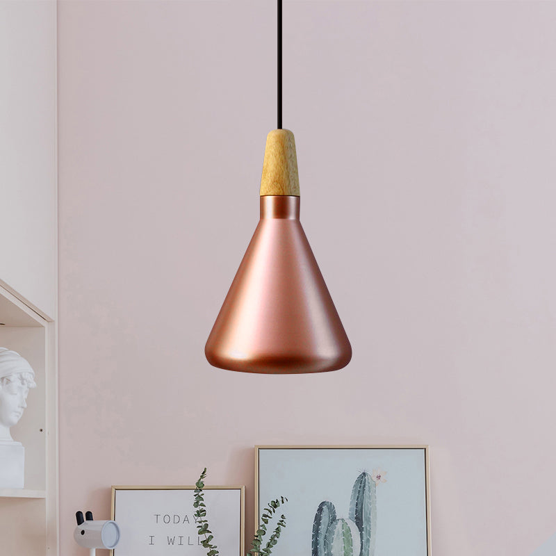 7"/11"/15" Wide Conic Kitchen Hanging Ceiling Light Retro Stylish Metal and Wood 1 Light Silver/Rose Gold Pendant Lighting Clearhalo 'Ceiling Lights' 'Modern Pendants' 'Modern' 'Pendant Lights' 'Pendants' Lighting' 1127163