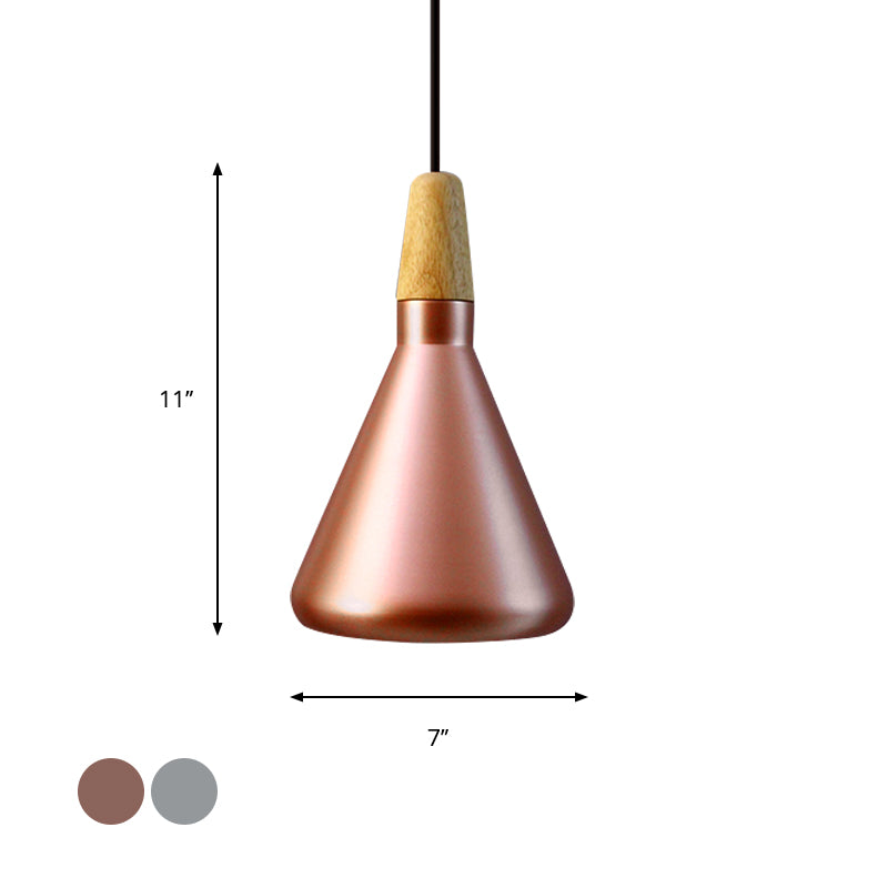 7"/11"/15" Wide Conic Kitchen Hanging Ceiling Light Retro Stylish Metal and Wood 1 Light Silver/Rose Gold Pendant Lighting Clearhalo 'Ceiling Lights' 'Modern Pendants' 'Modern' 'Pendant Lights' 'Pendants' Lighting' 1127165