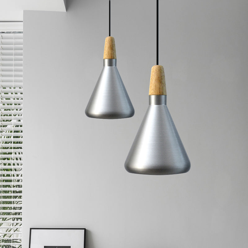 7"/11"/15" Wide Conic Kitchen Hanging Ceiling Light Retro Stylish Metal and Wood 1 Light Silver/Rose Gold Pendant Lighting Silver 7" Clearhalo 'Ceiling Lights' 'Modern Pendants' 'Modern' 'Pendant Lights' 'Pendants' Lighting' 1127166