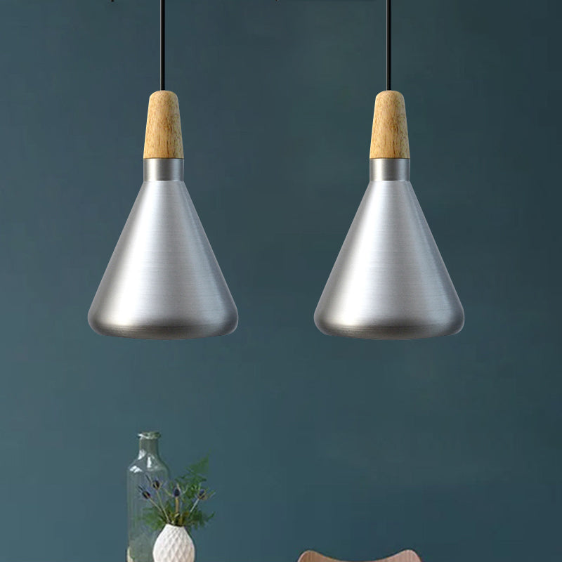 7"/11"/15" Wide Conic Kitchen Hanging Ceiling Light Retro Stylish Metal and Wood 1 Light Silver/Rose Gold Pendant Lighting Clearhalo 'Ceiling Lights' 'Modern Pendants' 'Modern' 'Pendant Lights' 'Pendants' Lighting' 1127168