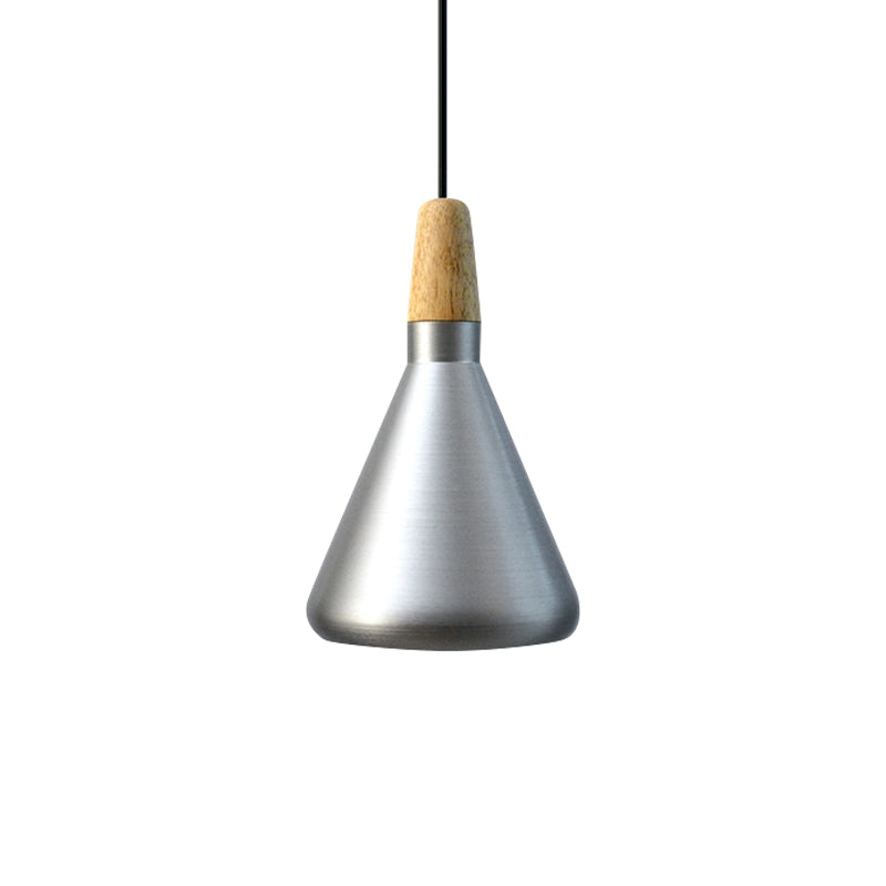 7"/11"/15" Wide Conic Kitchen Hanging Ceiling Light Retro Stylish Metal and Wood 1 Light Silver/Rose Gold Pendant Lighting Clearhalo 'Ceiling Lights' 'Modern Pendants' 'Modern' 'Pendant Lights' 'Pendants' Lighting' 1127169