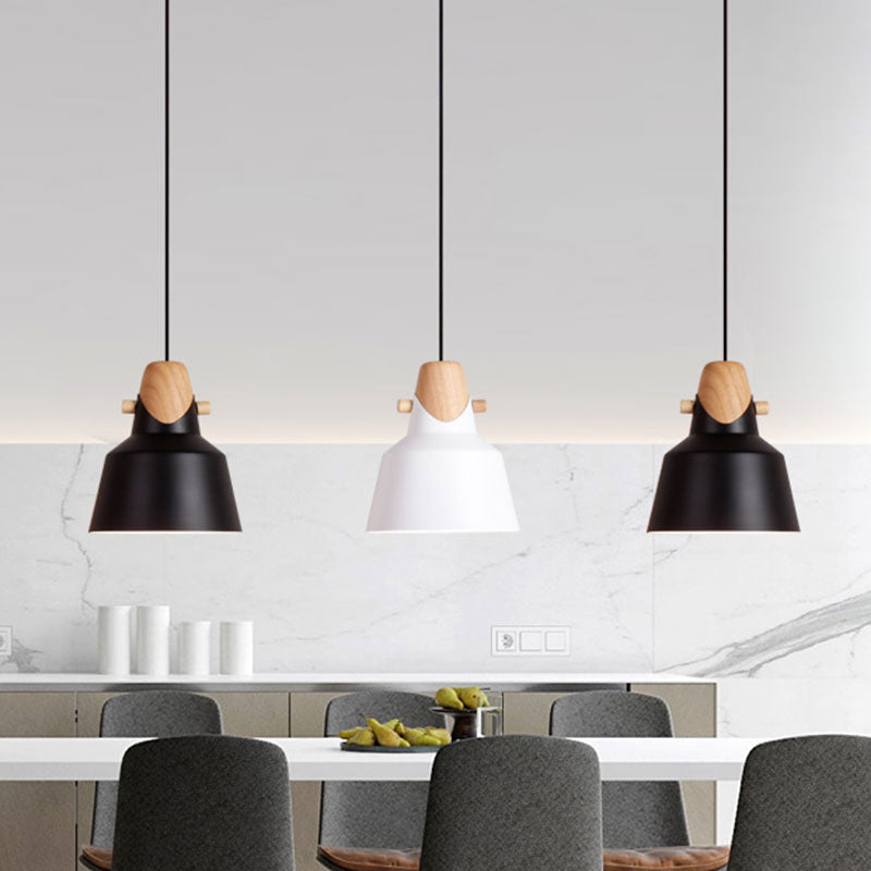 Macaron Stylish Barn Shade Suspended Light 1 Light Metal and Wood Hanging Ceiling Light in Black/White Black A Clearhalo 'Ceiling Lights' 'Modern Pendants' 'Modern' 'Pendant Lights' 'Pendants' Lighting' 1127390