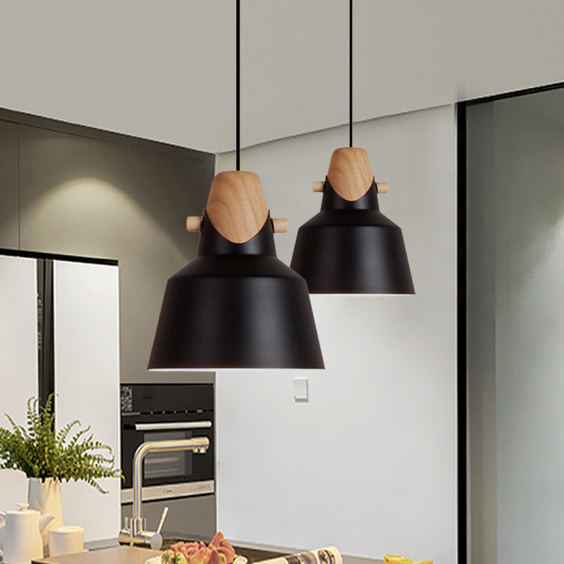 Macaron Stylish Barn Shade Suspended Light 1 Light Metal and Wood Hanging Ceiling Light in Black/White Clearhalo 'Ceiling Lights' 'Modern Pendants' 'Modern' 'Pendant Lights' 'Pendants' Lighting' 1127392