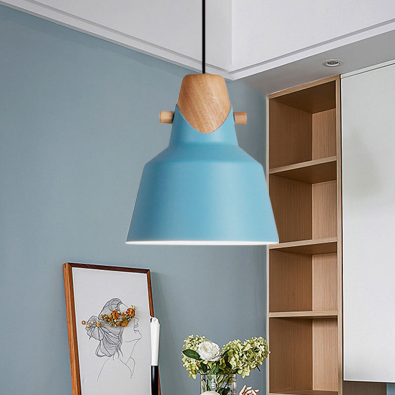 Macaron Stylish Barn Shade Suspended Light 1 Light Metal and Wood Hanging Ceiling Light in Black/White Blue A Clearhalo 'Ceiling Lights' 'Modern Pendants' 'Modern' 'Pendant Lights' 'Pendants' Lighting' 1127399