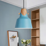 Macaron Stylish Barn Shade Suspended Light 1 Light Metal and Wood Hanging Ceiling Light in Black/White Blue A Clearhalo 'Ceiling Lights' 'Modern Pendants' 'Modern' 'Pendant Lights' 'Pendants' Lighting' 1127399