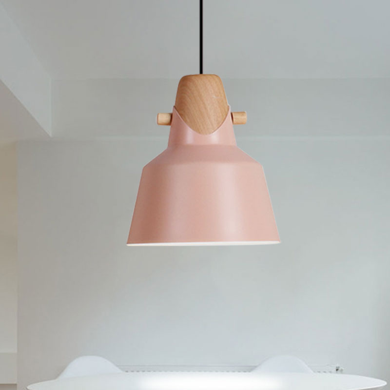 Macaron Stylish Barn Shade Suspended Light 1 Light Metal and Wood Hanging Ceiling Light in Black/White Pink A Clearhalo 'Ceiling Lights' 'Modern Pendants' 'Modern' 'Pendant Lights' 'Pendants' Lighting' 1127403