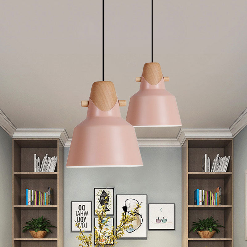 Macaron Stylish Barn Shade Suspended Light 1 Light Metal and Wood Hanging Ceiling Light in Black/White Clearhalo 'Ceiling Lights' 'Modern Pendants' 'Modern' 'Pendant Lights' 'Pendants' Lighting' 1127404