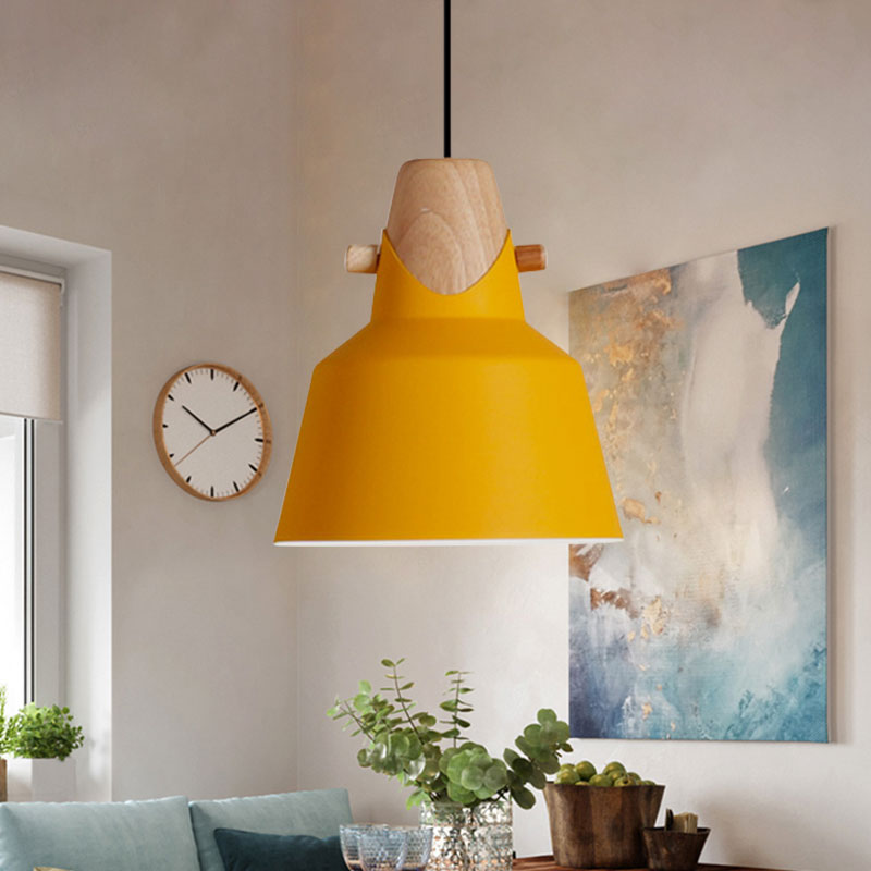 Macaron Stylish Barn Shade Suspended Light 1 Light Metal and Wood Hanging Ceiling Light in Black/White Yellow A Clearhalo 'Ceiling Lights' 'Modern Pendants' 'Modern' 'Pendant Lights' 'Pendants' Lighting' 1127407