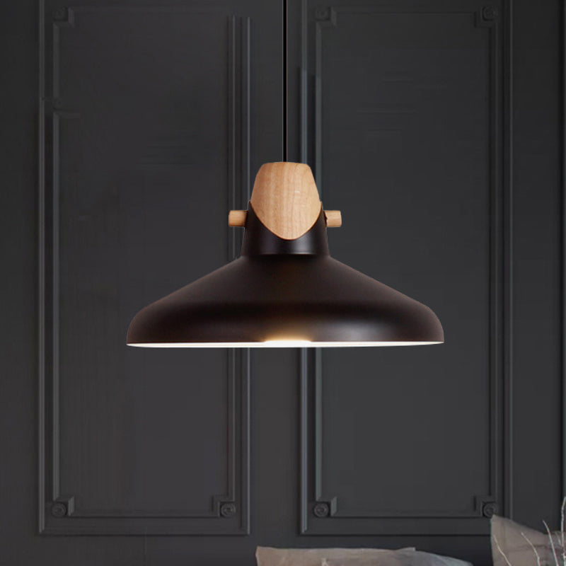 Macaron Stylish Barn Shade Suspended Light 1 Light Metal and Wood Hanging Ceiling Light in Black/White Black B Clearhalo 'Ceiling Lights' 'Modern Pendants' 'Modern' 'Pendant Lights' 'Pendants' Lighting' 1127411